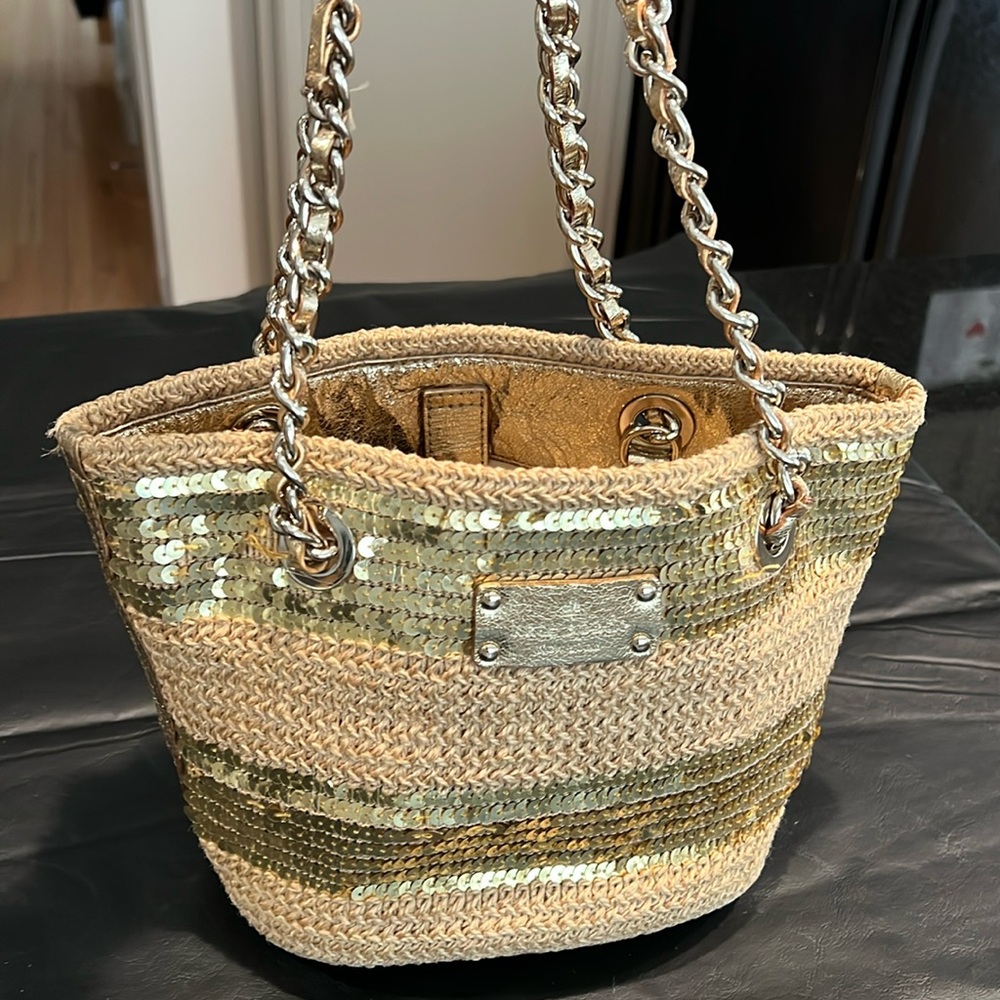 Kate Spade gold sequined and straw handbag. Chain and leather straps. Pre-owned